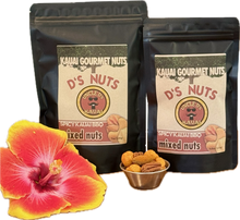 Two packages of Kauai Gourmet Nuts D's Nuts Spicy BBQ with a red and yellow flower on a white background.  Deez nuts!