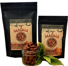 Kauai Gourmet Nuts Magma Spicy Chocolate Almonds packaging with a jar of chocolate almonds.
