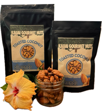 Two packages of Kauai Gourmet Nuts toasted coconut almonds with a jar of almonds and a flower on a white background.